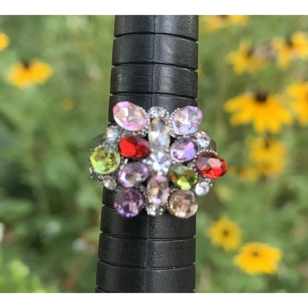 Dazzling Multicolor Gem Silver-Tone Ring- Gorgeous Vintage Boho Style Size 7